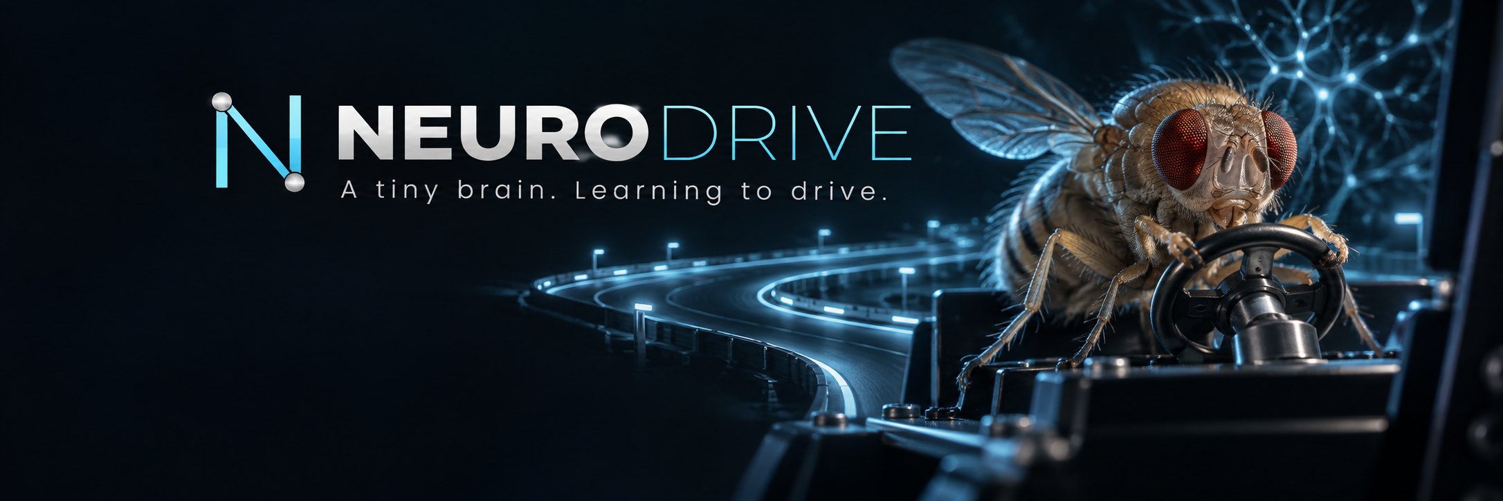 NEURODRIVE Twitter header: a fly at the wheel with an illuminated racing circuit